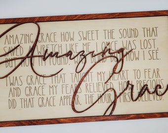 Amazing Grace Wooden Home Decor, Laser Cut Wall Hanging, Amazing Grace Laser Cut Sign,  Stained Wood Frame, Wall Hanging Wood Sign