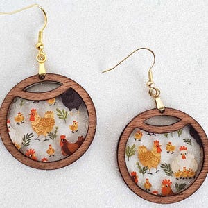 Layered Acrylic Chicken Earrings: Sapele Veneer Hen and Chicks