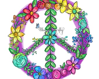 May include: A purple peace sign with a floral wreath around it. The flowers are in shades of pink, blue, yellow, and green. The peace sign is outlined in black.