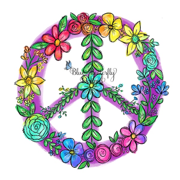 DTF/Sublimation Rainbow Floral Peace Sign Transfer, Ready to Press Sublimation Floral Peace Sign Transfer, Retro Floral Peace Sign DTF,