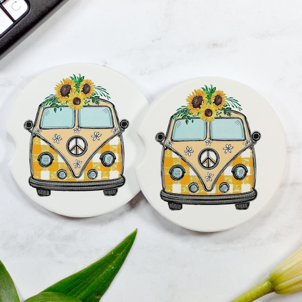 Car Coasters, Retro Hippie Van Design, Flower Power Retro Van, Peace Sign Hippie Van Design, Ceramic Car Coasters, Sandstone Car Coaster,