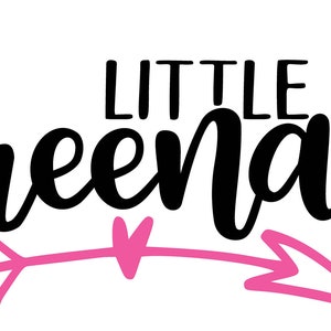 May include: A black and white graphic design with the text "Little Miss Three-nager" with a pink arrow and hearts. The design also includes a pink crown.