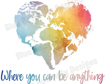 Be Kind World Map, Watercolor Sublimation PNG (Digital Download)