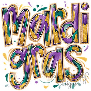 Mardi Gras Watercolor Faux Glitter Transfer: DTF/Sublimation Ready to Press