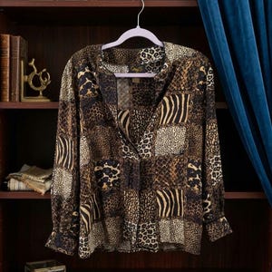 Vintage 1990s Corey B. New York 100% Silk Blouse | Size 8 Mixed Animal Print Patchwork Button Up Shirt | Gold Baroque Chain Detail