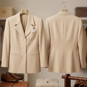 Könnte beinhalten: Zwei beige Blazer hängen an goldenen Kleiderbügeln und zeigen die Vorder- und Rückansicht. Der Blazer links hat eine Tasche mit einem weißen Taschentuch. Darunter zeigt ein Regal Schuhe, Kartons und gefaltete Pullover. Kleidungskollektion.