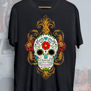 Grafisch T-shirt Day of the Dead Skull, T-shirt uniseks, festivaltop, Halloween-shirt, T-shirt in boho-stijl, cadeaus voor hem en haar