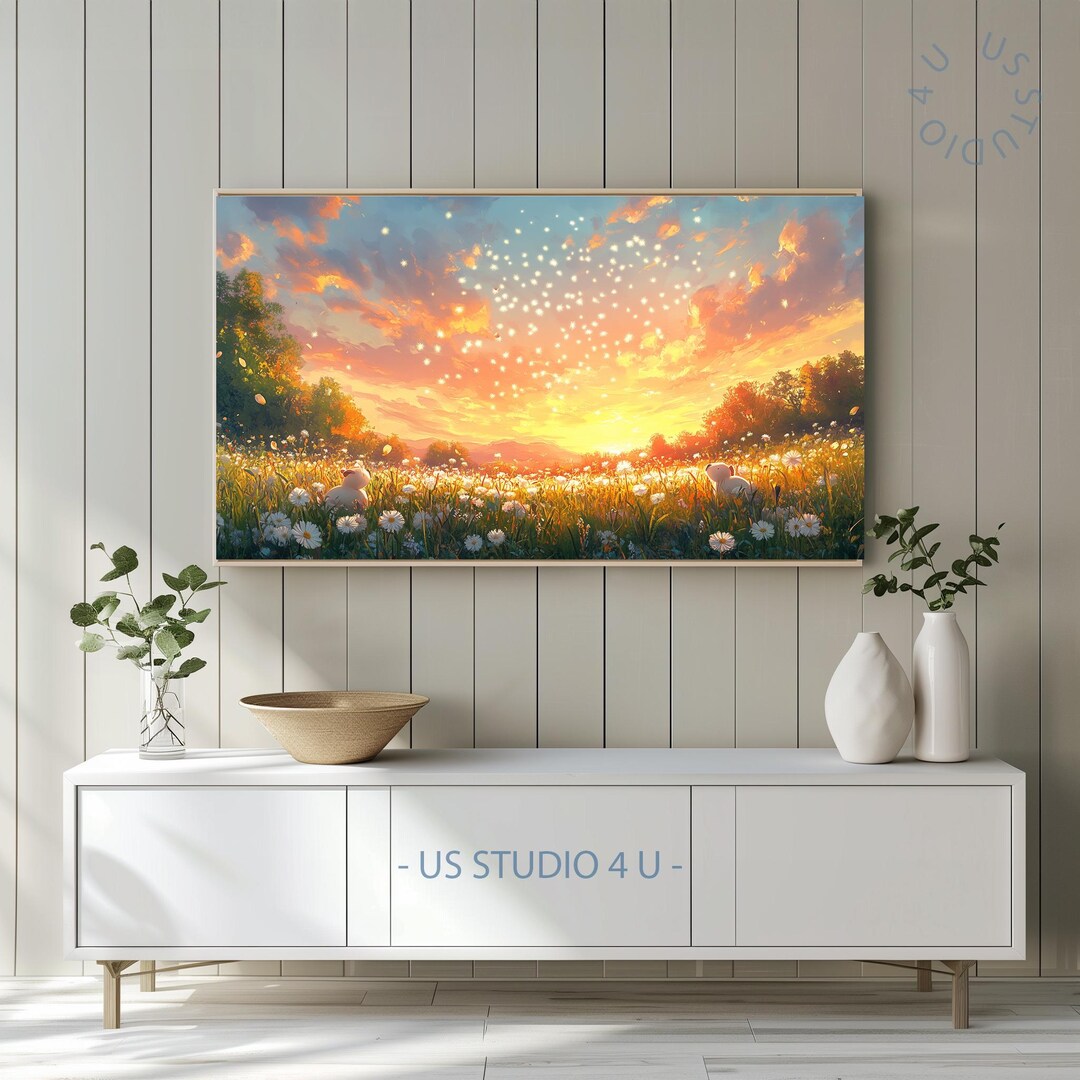 Cottagecore Sunset Meadow Art, Vintage Frame TV Art With Dandelion ...