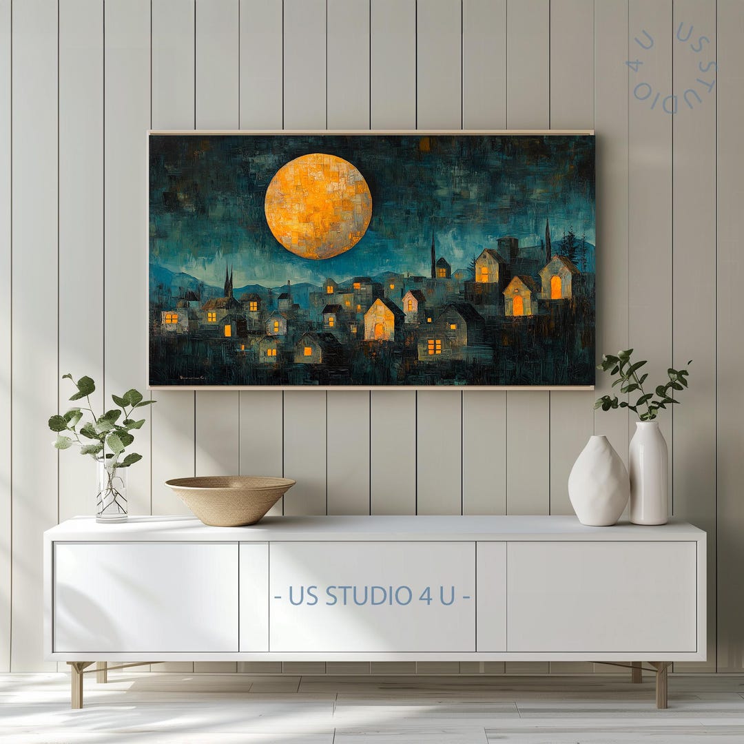 Patchwork Moon Moody Vintage Patchwork Moon Art for Frame TV, Cottagecore Night Sky ...
