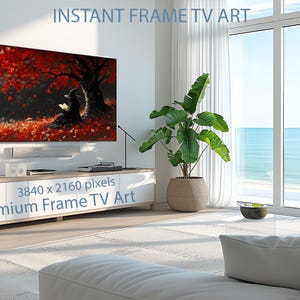 May include: A digital artwork displayed on a large TV screen shows a person reading under a tree with red foliage. The text "INSTANT FRAME TV ART" and "3840 x 2160 pixels Premium Frame TV Art" are visible. The room has a modern design with a large window.