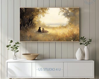 Cottagecore Teddy Bear Picnic Frame TV Art, Cozy Pastoral Meadow with Wildflowers, Warm Impressionist Landscape, Digital Download 436