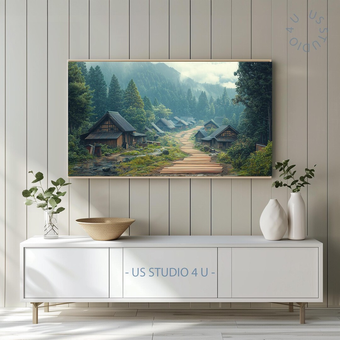 Rustic Japanese Mountain Village Frame TV Art, Cottagecore Countryside ...