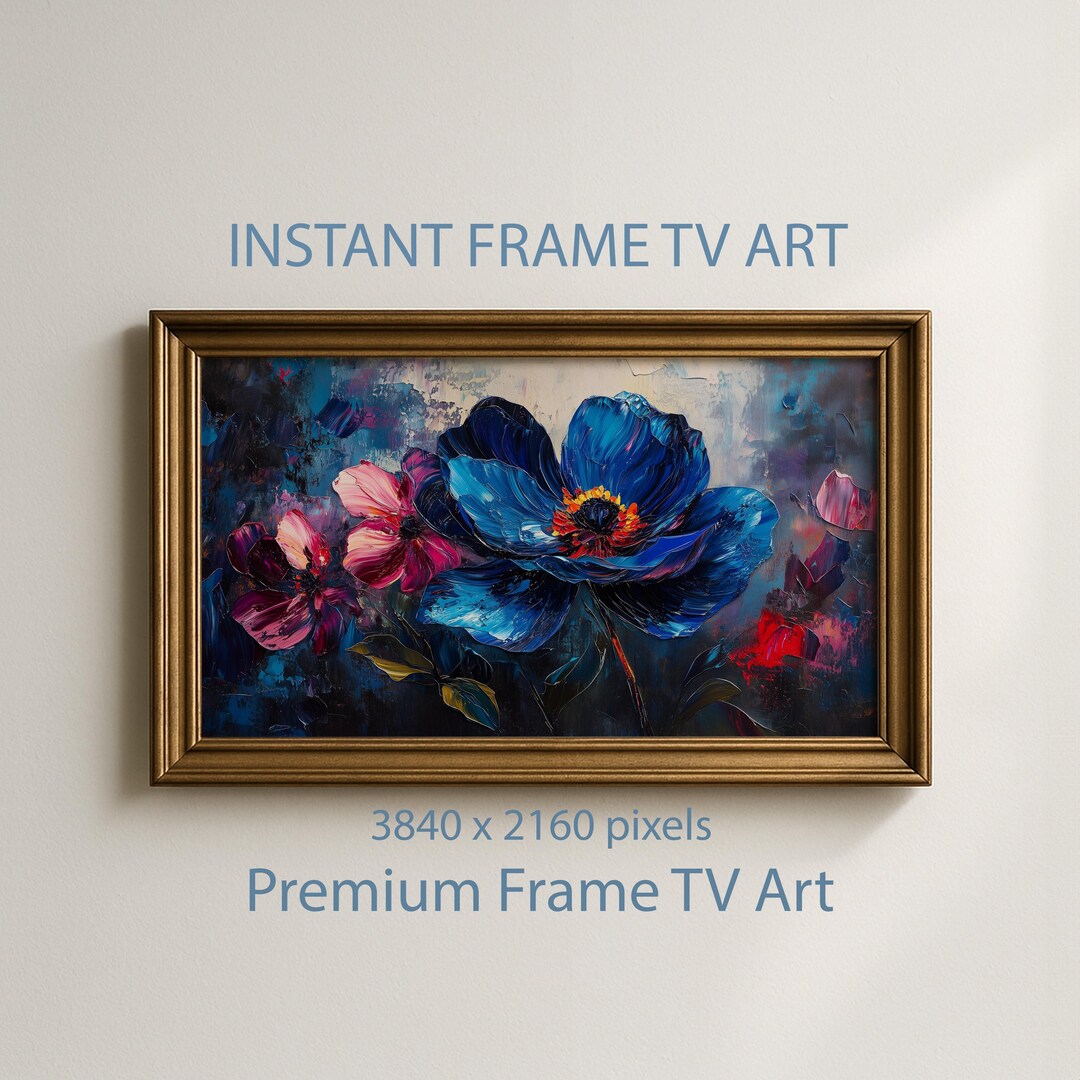 Moody Frame TV Art, Dramatic Blue Flower, Contemporary Floral Wall ...
