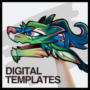 May include: A colorful digital art piece of a stylized dragon head in shades of green, blue, and pink. The artwork features the text "DIGITAL TEMPLATES" in bold, black letters.