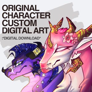 Può includere: Arte digitale con due creature fantasy con caratteristiche simili a draghi. Una è principalmente viola e blu, l'altra rosa e bianca. L'immagine include il testo "ORIGINAL CHARACTER CUSTOM DIGITAL ART" e "*DIGITAL DOWNLOAD*".
