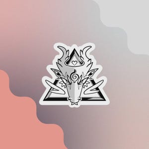 May include: A sticker featuring a stylized, black and white illustration of a horned creature's head within a triangle. The design includes a heart and spiral details, set against a gradient background of pink, gray, and white.