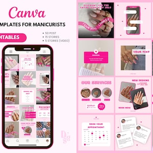 Puede incluir: Plantillas rosas de Canva para manicuristas, mostradas en una pantalla de teléfono inteligente. Las plantillas incluyen publicaciones, historias y videos. El texto incluye "70 plantillas para manicuristas" y "100% editables". También se muestran diseños de uñas.