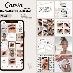 Puede incluir: Un smartphone muestra un conjunto de plantillas de Canva para artistas de pestañas. Las plantillas incluyen 50 publicaciones, 15 historias y 5 historias de video, todas 100% editables. La imagen presenta ejemplos de extensiones de pestañas y gráficos promocionales.