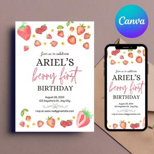 Strawberry Birthday Invitation, Berry 1st birthday invitation, berry first birthday, strawberry digital invite,  Canva Editable