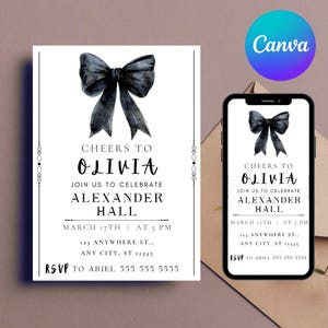 Black Bow Birthday Invitation, Minimalist Black Bow Birthday Invite, 30Th Birthday Invite, Canva Editable
