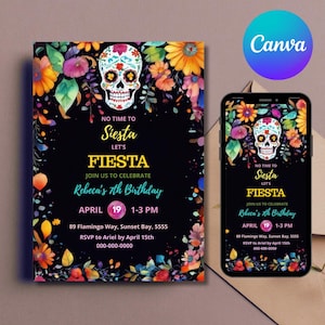 Mexican Birthday Invitation, Fiesta Birthday Party Invitation Template, Bright Colorful Florals, No time to Siesta Let&#39;s Fiesta, Girl Invite