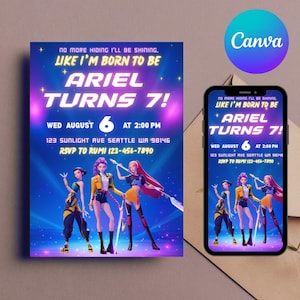 Kpop Demon Hunters Birthday Party Invitation, Editable Digital Party Invite for Phone, Custom K-pop Theme Template, DIGITAL