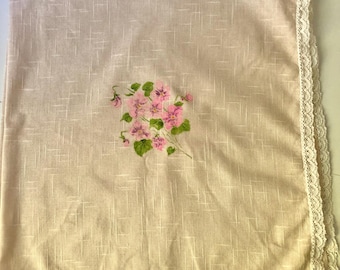 Vintage linen square embroidered tablecloth with pink/!green floral motifs and white tatted lace edging