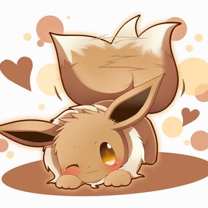 May include: A cartoon illustration of a brown and cream-colored creature with large ears and a fluffy tail. The creature is lying down with a happy expression, surrounded by hearts and circles in shades of brown and tan.