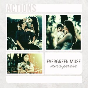 May include: A collage featuring three photographs and text. The top left shows a couple embracing. The top right shows a person holding a child. The bottom left shows a person holding a bouquet. The bottom right displays the text EVERGREEN MUSE musa perene.