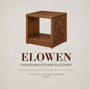 Pode incluir: Uma mesa de cabeceira de madeira castanha com uma prateleira aberta e um painel lateral com um design esculpido em forma de coração. O texto ELOWEN CARVED NIGHTSTAND BLUEPRINT e Projeto Técnico de Criado-Mudo Entalhado @byktze está abaixo.
