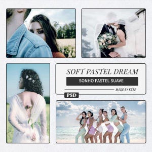 Pode incluir: Um modelo de colagem digital com quatro cenas fotográficas distintas em tons suaves e atenuados. O texto diz SOFT PASTEL DREAM, SONHO PASTEL SUAVE, MADE BY KTZE e PSD. As imagens exibem vários ambientes externos e diferentes assuntos.