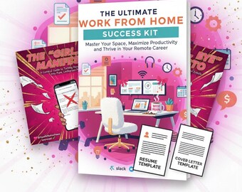 Puede incluir: Imagen promocional de un kit de éxito para trabajar desde casa. La imagen presenta un libro titulado "The Ultimate Work From Home Success Kit" y otros materiales relacionados, incluyendo plantillas de currículum y carta de presentación. El fondo es rosa con ilustraciones de una oficina en casa.