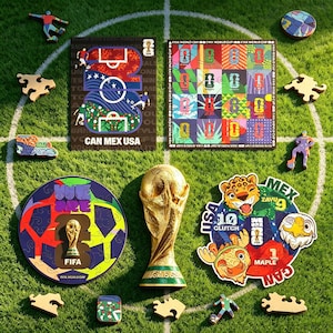 Puede incluir: Un conjunto de rompecabezas temáticos de fútbol y un trofeo dorado sobre un campo verde. Los rompecabezas presentan diseños coloridos, incluyendo un balón de fútbol, banderas y el texto "CAN MEX USA". El trofeo es dorado con una base verde. También hay figuras de madera.