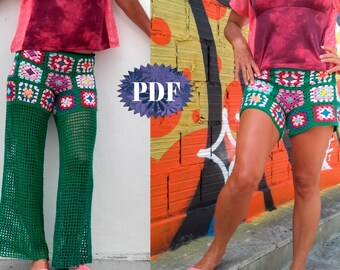 Crochet shorts granny squares or pants BOTH in ONE photo tutorial - S, M, L hight waist light hot season crochet trendy trousers