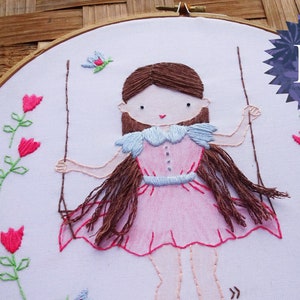 Beginner Hair Embroidery Pattern Swinging Girl Embroidery Hoop Modern Embroidery Photo tutorial print pattern easy hair embroidery girl image 1