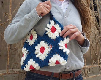 Granny Square Bag Crochet Pattern - Flower Gerbera Granny handbag crochet photo tutorial - beginner trendy granny squares