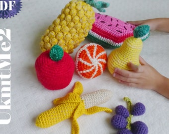 Crochet Fruits Set Pattern 7 in 1 amigurumi fruit banana, pear, watermelon, apple, orange, grappes & pineapple crochet EASY beginner pattern