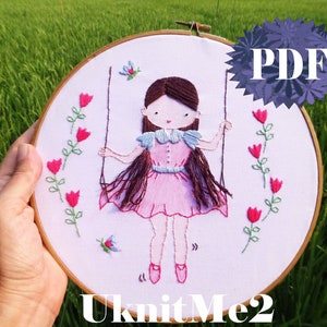 Beginner Hair Embroidery Pattern Swinging Girl Embroidery Hoop Modern Embroidery Photo tutorial print pattern easy hair embroidery girl image 2