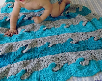 CROCHET PATTERN Blanket Crochet Waves Professional Photo Tutorial Granny Squares Crochet Pattern Ocean Crib Baby Blanket  Unique fun blanket