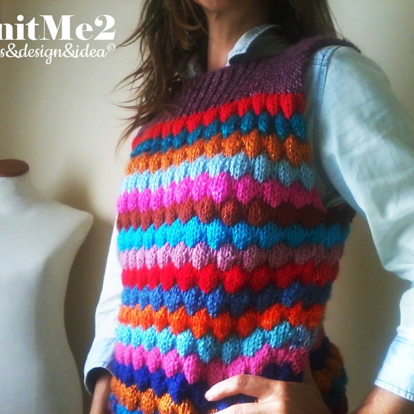 Vest Knit Pattern - SCRAPS Tee Bubble Stitch vest knitting pattern Reuse Yarn Lefts ONE piece S/M/L beginner knits warm EASY