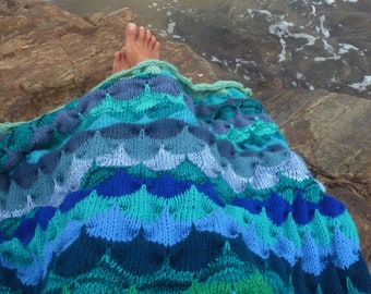 Blanket Knit Pattern Mermaid Sea Knitting Afghan - Reversible unique stitch PHOTO tutorial - knitting bedding throw, bedspread Knit pattern