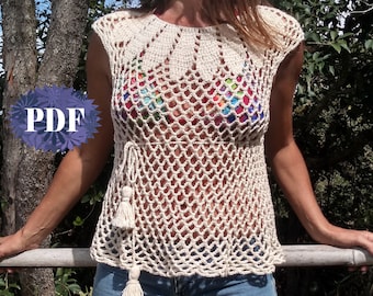 CoverUp crochet pattern BUNGA mesh tee for summer crochet top fashion bikini accessory boho festival Cover Up trendy crocheting love PDF