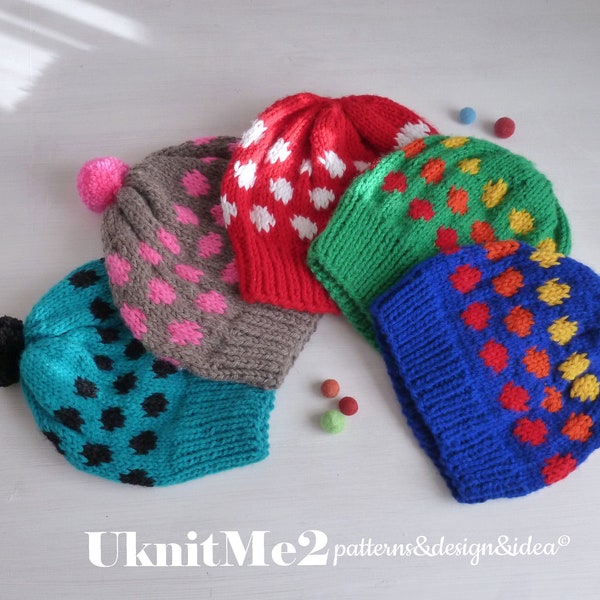 KNIT PATTERN Beanie knitting Pattern Hat polka dots - baby / Adult 7 sizes teens girls boy Hat Mushroom Knit pattern hat graph & text WINTER