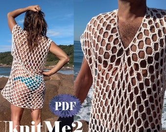 Beach Cover Up Nomade Crochet Pattern - dress/ t-shirt for him/ her summer beach sarong crochet tutorial - Mesh adjustable woman man size