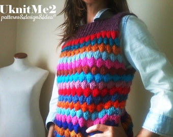 Vest Knit Pattern - SCRAPS Tee Bubble Stitch vest knitting pattern Reuse Yarn Lefts ONE piece S/M/L beginner knits warm EASY