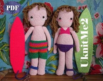 Surfer Amigurumi Crochet Doll Pattern - Surfer Girl Surfing Boy & Board - Amigurumis crochet toy and doll crochet PHOTO tutorial and Board