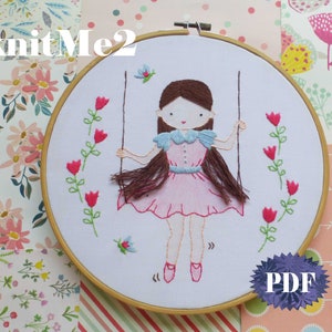 Beginner Hair Embroidery Pattern Swinging Girl Embroidery Hoop Modern Embroidery Photo tutorial print pattern easy hair embroidery girl image 5