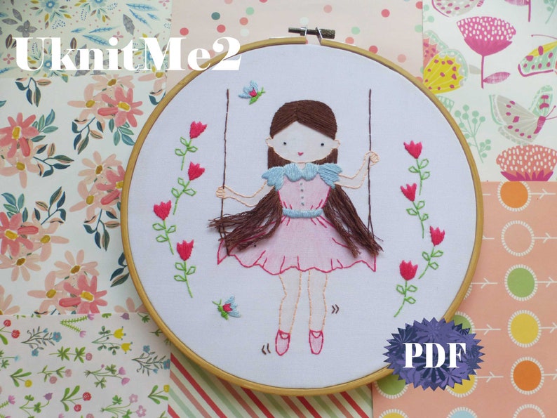 Beginner Hair Embroidery Pattern Swinging Girl Embroidery Hoop Modern Embroidery Photo tutorial print pattern easy hair embroidery girl image 5