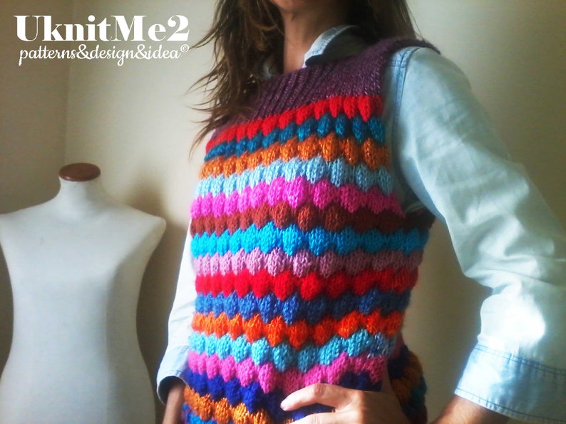 Vest Knit Pattern SCRAPS Tee Bubble Stitch vest knitting pattern Reuse Yarn Lefts ONE piece S/M/L beginner knits warm EASY zdjęcie 1