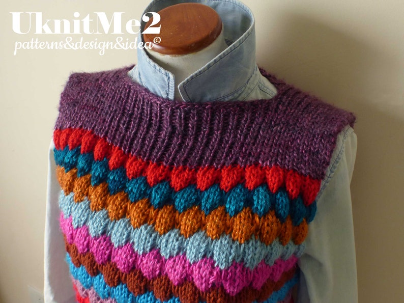 Vest Knit Pattern SCRAPS Tee Bubble Stitch vest knitting pattern Reuse Yarn Lefts ONE piece S/M/L beginner knits warm EASY image 4